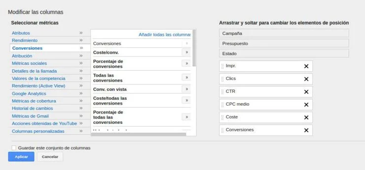 personalizar columnas adwords
